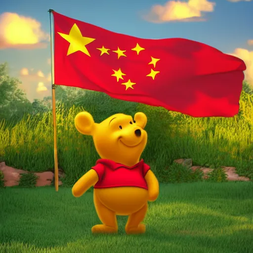 Image similar to photorealistic 3 d render of winnie the pooh saluting the chinese flag