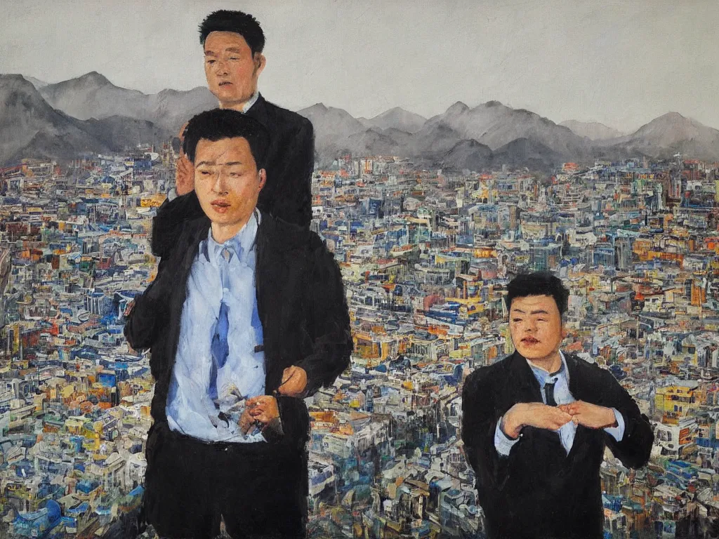Prompt: ‘The Center of the World’ (Liu Xiaodong realist oil painting, large thick messy colorful brushstrokes, office worker black suit, next to a blue river and mountains) was filmed in Beijing in April 2013 depicting a white collar office worker. A man in his early thirties – the first single-child-generation in China. Representing a new image of an idealized urban successful booming China.