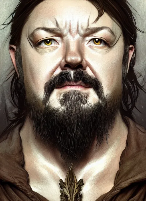 Image similar to portrait of ricky gervais as a satyr, d & d, fantasy, intricate, elegant, highly detailed, digital painting, artstation, concept art, smooth, sharp focus, illustration, art by artgerm and greg rutkowski and alphonse mucha