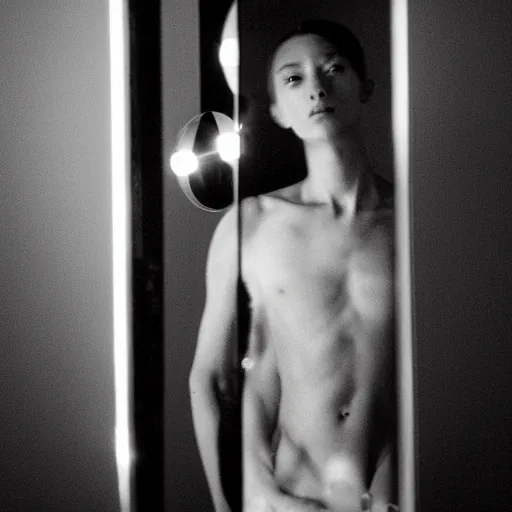 Prompt: androgynous male, staring into infinite mirror, photographic noir, wide lens