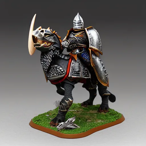 Image similar to Warhammer, D&D, high detail, miniature of medieval knight riding an allosaurus, heavy cavalry, Asgard rising, MyMiniFactory, 28mm scale