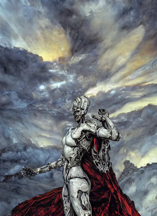 Prompt: portrait of a diabolical marble stone cyborg, wearing burning torn white cape, dynamic pose, glowing eyes, post apocalyptic ancient ruins, glowing veins subsurface scattering, in clouds, sunset, portrait, by gerald brom, by mikhail vrubel, by peter elson, muted colors, extreme detail, reflections, trending on artstation, 8 k