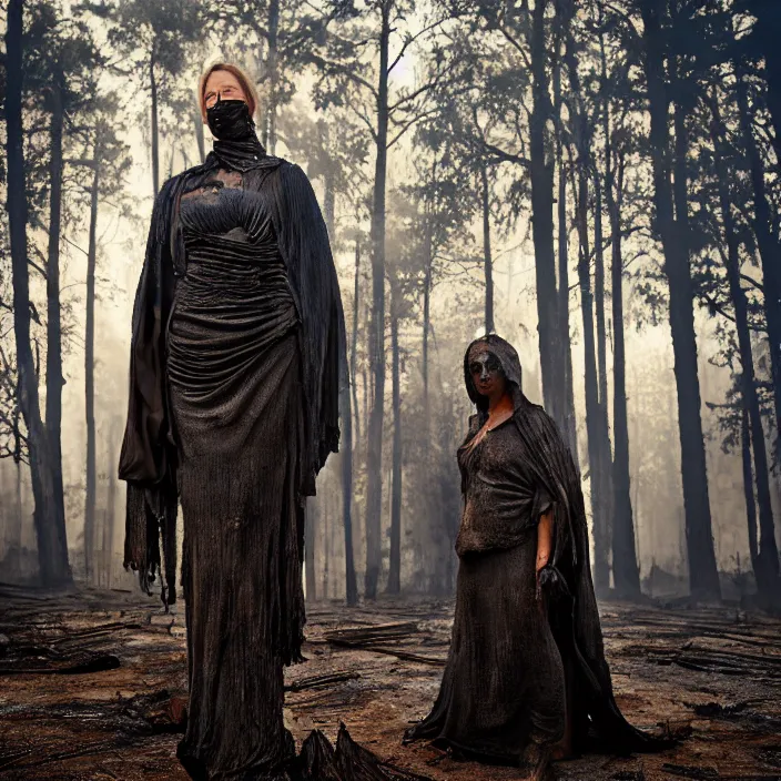 Image similar to portrait of a woman wearing a cloak of scrap metal in a charred, burnt forest, by Annie Leibovitz and Steve McCurry, natural light, detailed face, CANON Eos C300, ƒ1.8, 35mm, 8K, medium-format print