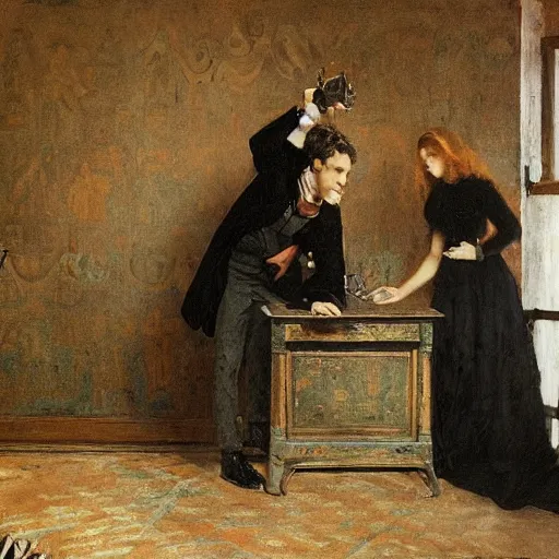 Image similar to a young man and a young woman solving an escape room puzzle, mysterious markings on the wall, by alfred stevens