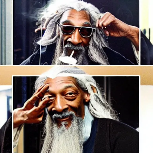 Image similar to gandalf and snoop dogg smoking weed smiling