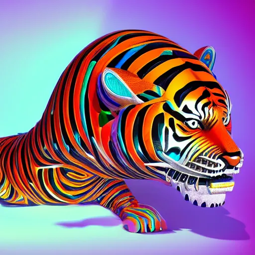 Image similar to coloured sculpture breathtakingly cool beautiful stylised mayan ornate biomechanical tiger, isometric perspective, 8 k