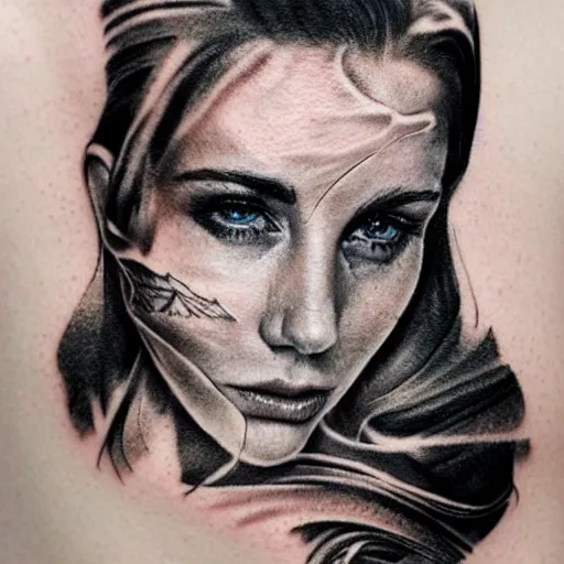 Prompt: realistic tattoo sketch of kate kuray face double exposure with a mountain scenery, in the style of matteo pasqualin, amazing detail, sharp