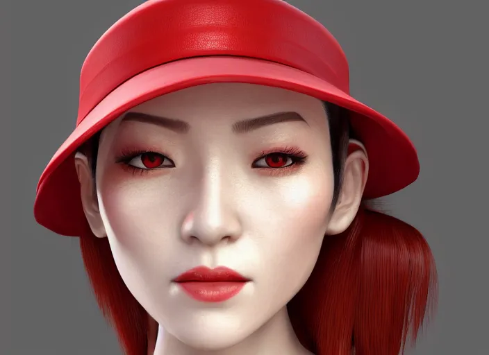 Prompt: stunning render portrait of a beautiful oriental woman with red hair wearing a hat, her eyes are green. 4 k, daz, octane, zbrush, maya, 8 k, artstation.