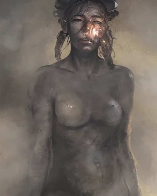 Image similar to a coalminer woman covered in coal dust in a mine lit by kerosene lamps, sweaty and gross pioneer work, scary cave lighting, detailed face, by makoto shinkai, stanley artgerm lau, wlop, rossdraws