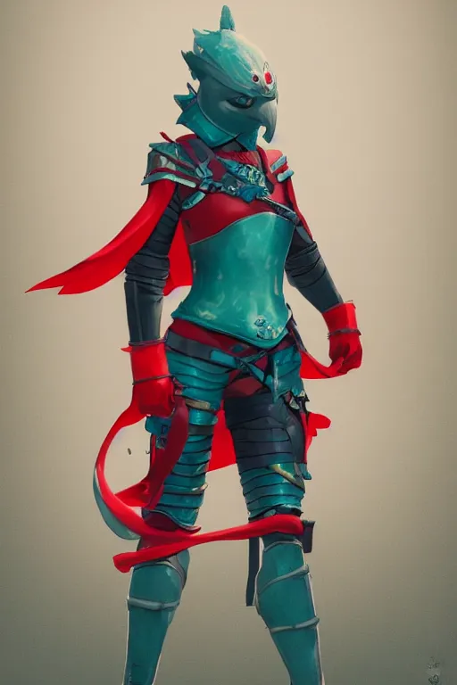 Image similar to female adventurer in tight full - body teal leather armor of japanese design with red accents and a white porcelain crow mask, trending in artstation, japanese, artstation, big moon in the background, establishing shot