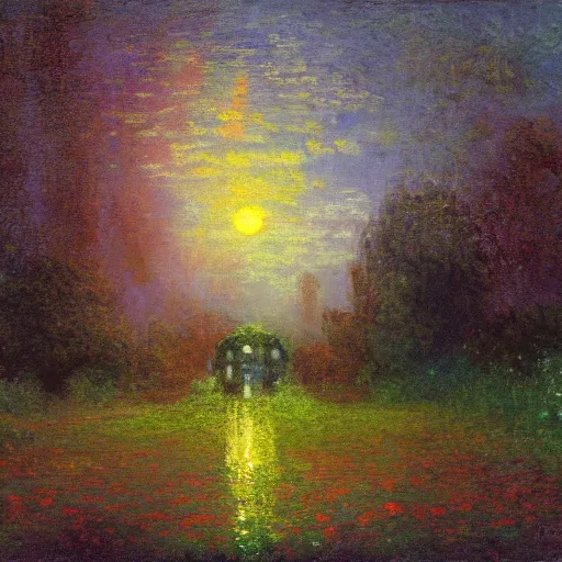 Image similar to mystical kew gardens, mist, full moon, by paul lehr, monet