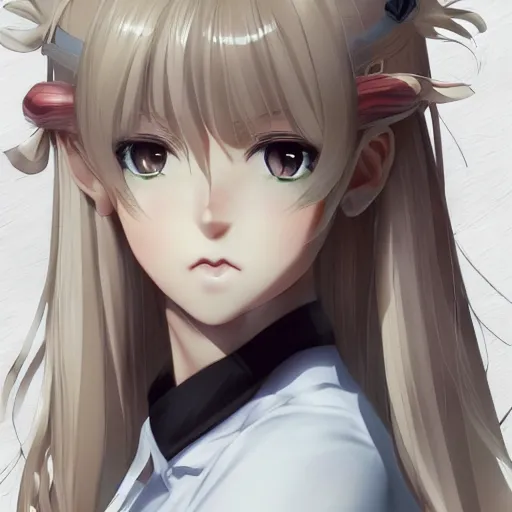 Prompt: luxury advertisement, astonishing portrait of a very beautiful anime high-school girl with blonde hair twintails, white ribbon, full perfect face, realistic, highly detailed background, artstation, 120 degree view, drawn by Sasoura, Satchely and Akihiko Yoshida, no distortion