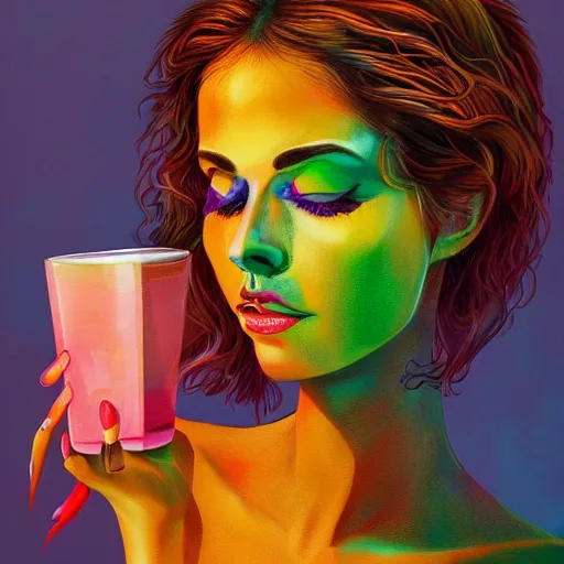 Prompt: an extremely psychedelic wideshot of an woman drinking juice, surreal, lsd, face, detailed, intricate, elegant, lithe, highly detailed, digital painting, artstation, concept art, smooth, sharp focus, illustration