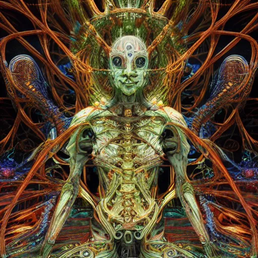 Image similar to cybernetic deity with networked mind tripping on acid, intricate detail, lovecraft, royo, whealan, giger, klimt, hd, octane render, unreal engine,