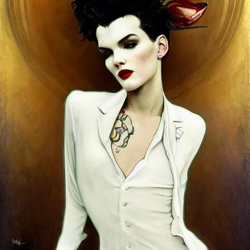 Image similar to beautiful portrait of androgynous ruby rose as desire from sandman in a white tuxedo!!!, rockabilly style, by alphonse mucha, cedric peyravernay, by jeremy mann, by frank moth, white suit and black tie, soft lightning, high detailed, 8 k