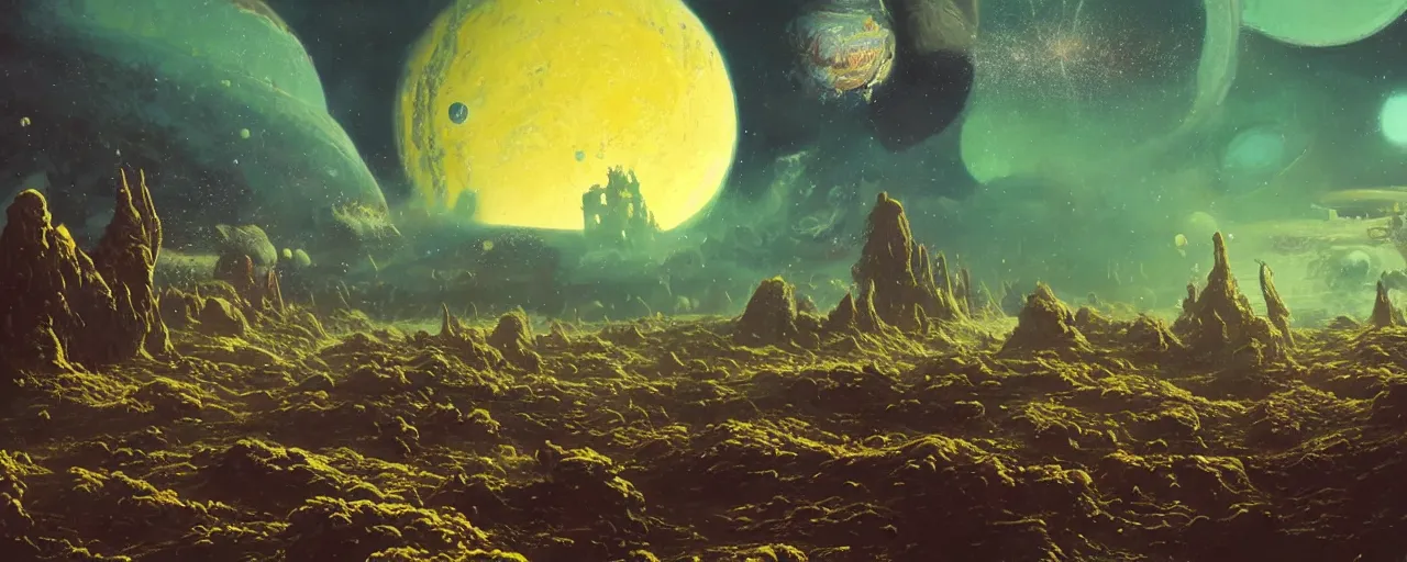 Image similar to ” outer planet covered with cream and larvae, [ art by paul lehr, cinematic, detailed, epic, widescreen, opening, establishing, mattepainting, photorealistic, realistic textures, octane render ] ”