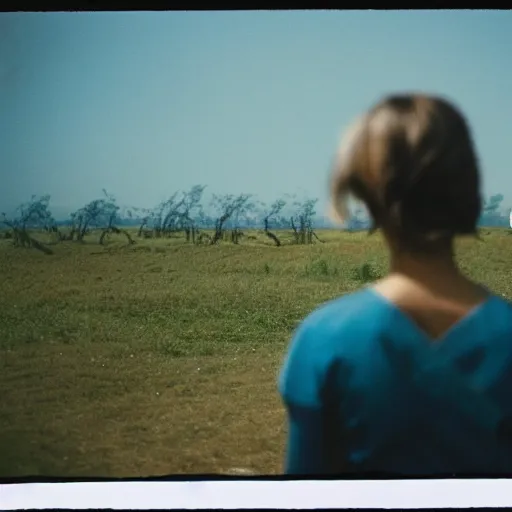 Image similar to film still, far view, landscape, emma watson soldier portrait close up in foreground, burning vietnam village, kodak ektachrome, blue tint expired film,