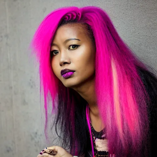 Image similar to asian - african woman with pink - dyed hair wearing alternative clothing, 8 k, portrait