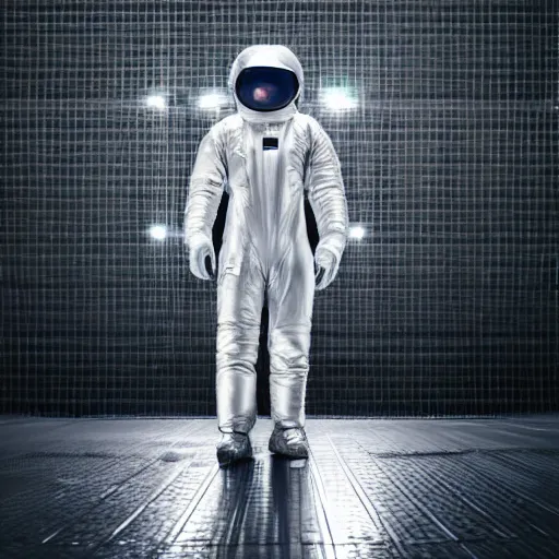 Image similar to mysterious man in silver space suit, walking on a small industrial catwalk, floating in deep space with a black background, photograph, wide angle, long shot