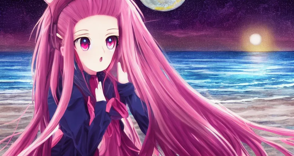 Image similar to one anime girl standing on a pier, blue shiny eyes, looking at the camera, cute, the ocean as background at twilight, big moon above the water, colorful, magical, smooth, extremely detailed, detailed face, devianArt, based on Puella Magi Madoka Magica