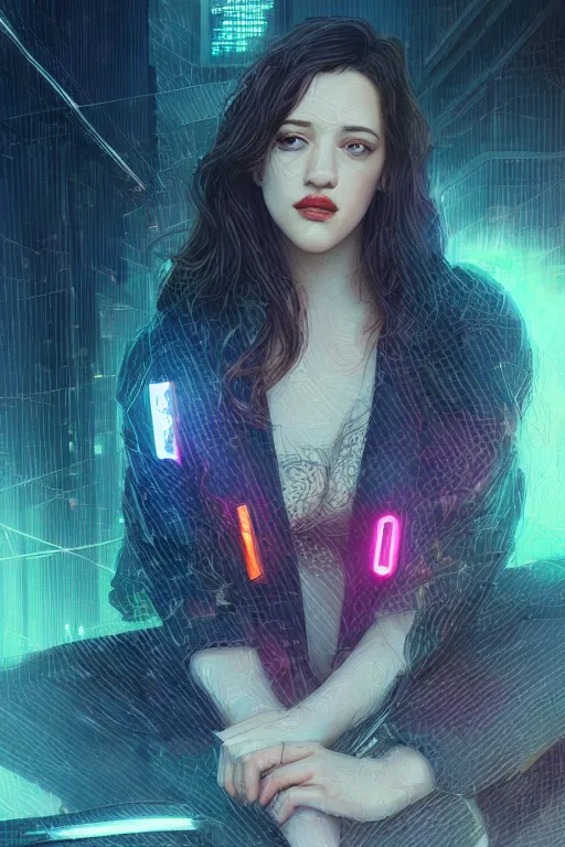 Image similar to portrait futuristic Kat Dennings, in future cyberpunk tokyo rooftop , sci-fi, fantasy, intricate, very very beautiful, elegant, neon light, highly detailed, digital painting, artstation, concept art, smooth, sharp focus, illustration, art by tian zi and WLOP and alphonse mucha