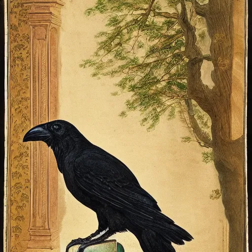 Image similar to beautifully detailed animal portrait of a detailed raven looking at a book laid out on a golden silk cloth, in a serene beautiful stone arched garden at beautiful sunrise by john james audubon and sidney cooper and frederic leighton and by rosetti, 4 k, artstation