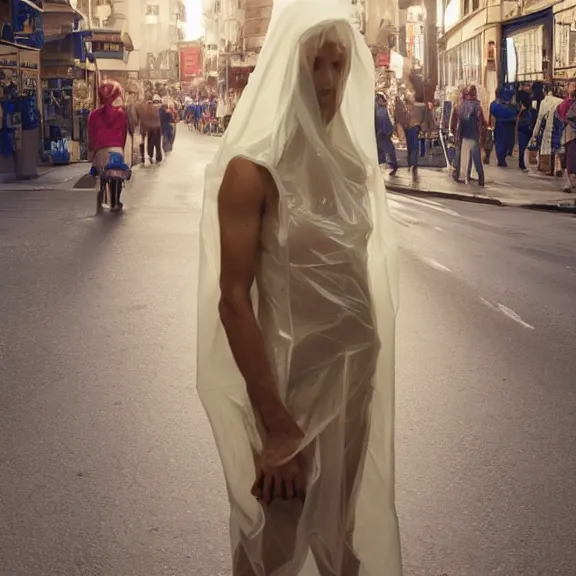 Image similar to woman in a translucent clothing made from plastic bag with paper bags for clothes standing inside paper bags with paper bag over the head on a busy street, 4k, trending on artstation, octane render, art by artgerm and greg rutkowski and alphonse mucha and craig mullins and James Jean and Andrei Riabovitchev and Marc Simonetti and peter mohrbacher