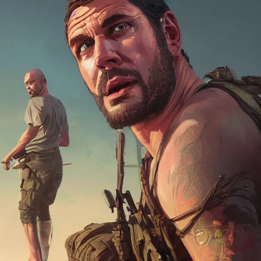 Image similar to highly detailed portrait rambo in gta v, stephen bliss, unreal engine, fantasy art by greg rutkowski, loish, rhads, ferdinand knab, makoto shinkai and lois van baarle, ilya kuvshinov, rossdraws, tom bagshaw, global illumination, radiant light, detailed and intricate environment