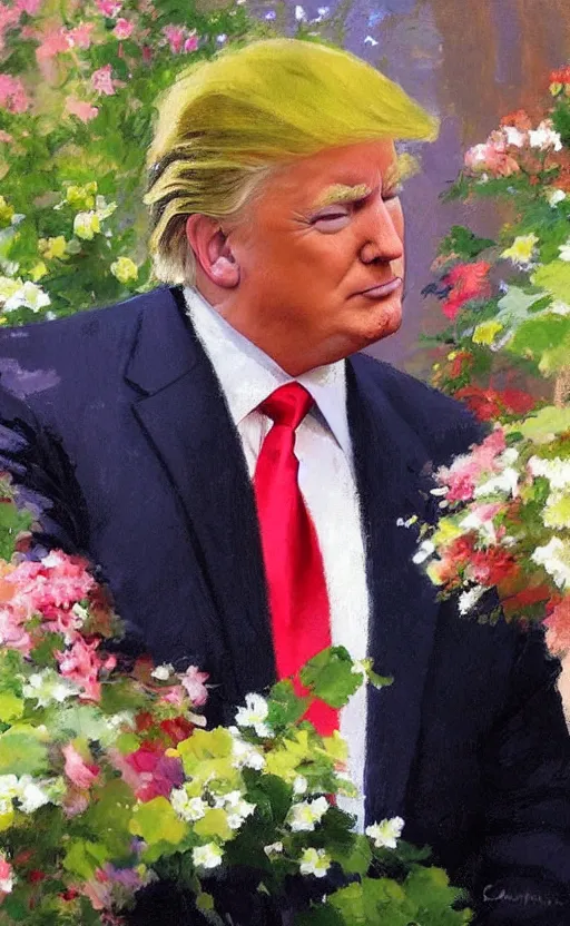 Image similar to romantic portrait of donald trump in an elegant dress surrounded by beautiful flowers, by gregory manchess, james gurney, james jean