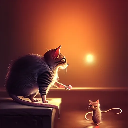 Prompt: mouse eating a cat in the night, stylized, artstation, hd, cgsociety, cgi, realistic, dramatic, cinematic, artistic, trending, detailed