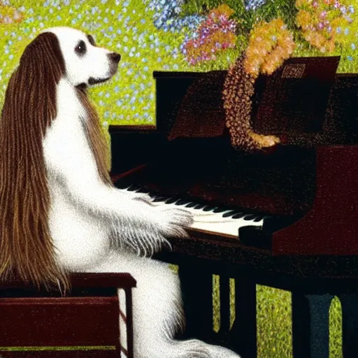 Image similar to a brown and white sprocker Spaniel playing a grand piano, pointillism, fine art