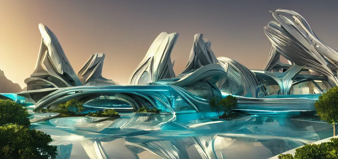 Prompt: highly detailed futuristic architecture by Frank Lloyd Wright and Zaha Hadid, reflective lighting, vegetation, holographic signs, ground-level view, puddles of turquoise water, stunning sunny lighting, sunrise, vivid colors, in the style of pixar animation, trending on Artstation, 8k, matte painting, ray tracing, hyper detailed, unreal engine 5, cinematic, epic lighting, cryengine, octane render, cyberpunk, red and orange glow, vibrant
