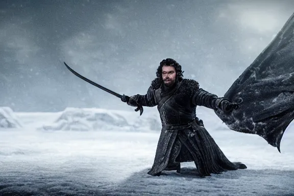 Image similar to very very intricate photorealistic photo of jon snow defeating the night king, photo is in focus with detailed atmospheric lighting, award - winning details