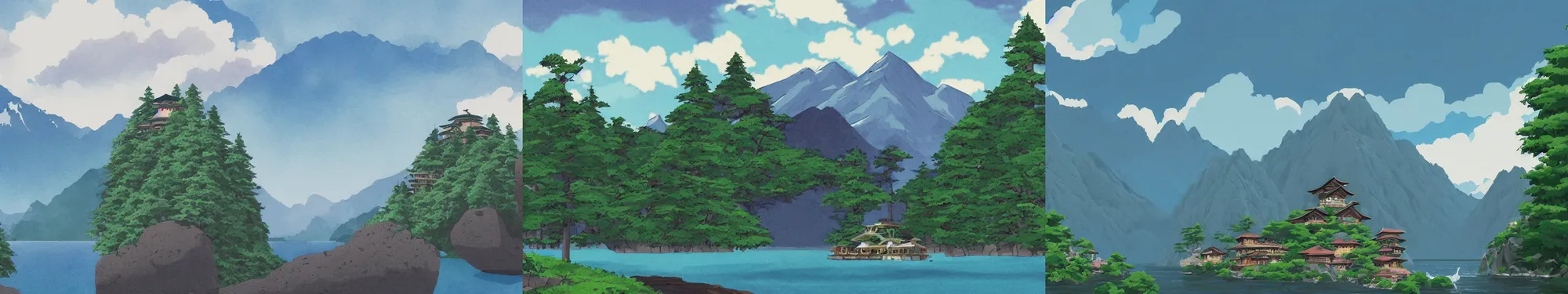 Prompt: mountains, trees, and lake, in the style of spirited away