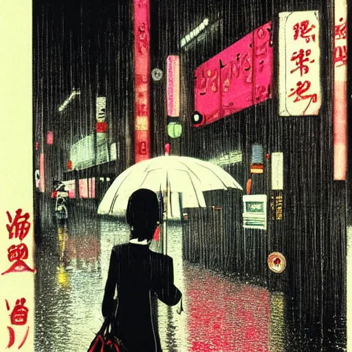 Prompt: a woman holding an umbrella, walking down the streets of tokyo, with neon signs, while it's raining. extremely detailed, illustration by michael sowa