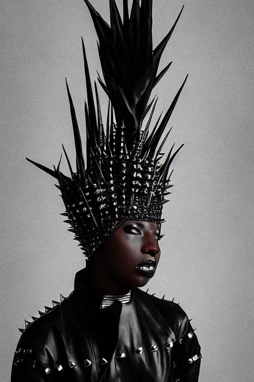 Image similar to a black african genderqueer person in a black leather outfit with spikes on their head, a high fashion character portrait by christen dalsgaard, featured on behance, gothic art, androgynous, genderless, gothic