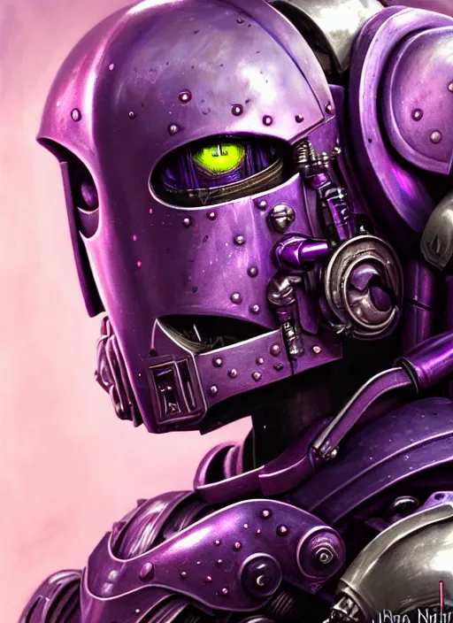 Image similar to extreme close up, portrait of a woman in purple sci - fi armor, bionic arm, intricate, warhammer, warhammer 4 0 k, highly detailed, digital painting, concept art, sharp focus, illustration, muted colors, grim dark, moody, gloomy, art by john blanche, by pedro nunez, by jaime martinez, by nacho molina