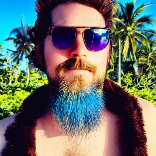 Prompt: anime blue eyed brown haired man with a short beard with hair that parts to the left wearing sunglasses and a hawaiian shirt