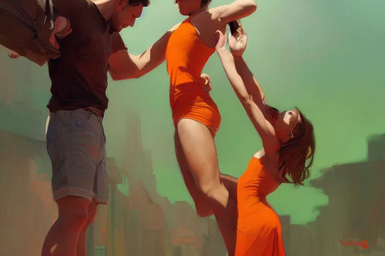 Image similar to portrait of a man in orange t - shirt wrestling with a girl in green dress, highly detailed, digital painting, artstation, concept art, smooth, sharp focus, illustration, art by artgerm and greg rutkowski and alphonse mucha