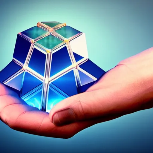 Prompt: a person's hand holding a 3 d model of a bismuth crystal, a computer rendering by erno rubik, featured on polycount, holography, quantum wavetracing, ray tracing, circuitry