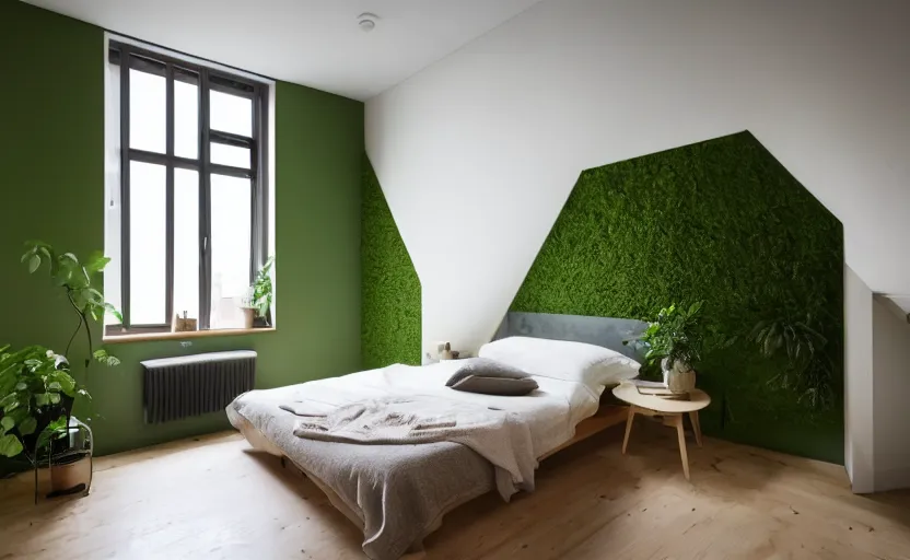 Image similar to interior of a compact bedroom in an apartment building, bed, green wall, cupboards, japanese design, swedish design, natural materials, minimalism, pine wood, earth colors, feng shui, rustic, white, beige, bright, plants, windows with a view of a green park, modernist, 8 k