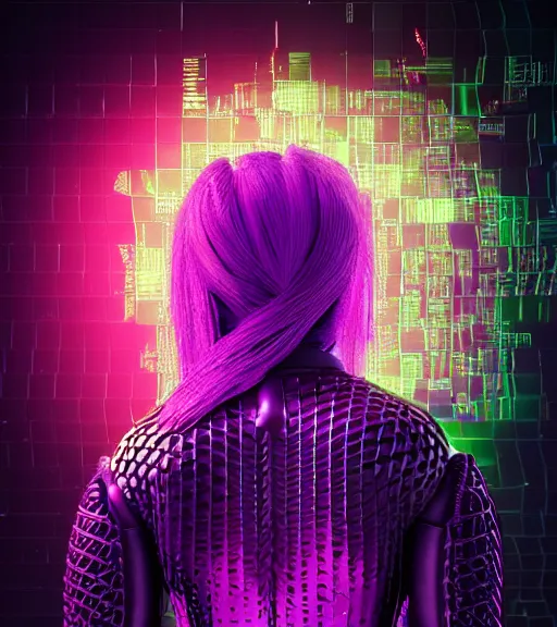 Image similar to back shot, looking away from viewer, woman with black ponytail in sci - fi leather armor, purple, by dariusz zawadzki, kenneth blom, mental alchemy, james jean, pablo amaringo, naudline pierre, intricate, contemporary art, glitch, neon color palette, hyper detailed, rendered in octane