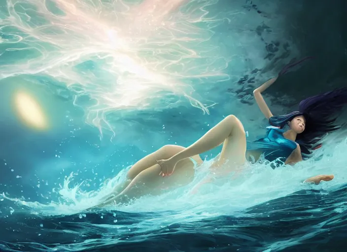 Prompt: seductive lee jin - eun running on water at super speed, emerging from multiversal galactic portal, splashes of lightning behind her, zooming past a small island, by ilya kuvshinov and peter mohrbacher and ruan jia, and m. k. kaluta, rule of thirds, coherent symmetry, close up, majestic, beautiful eyes