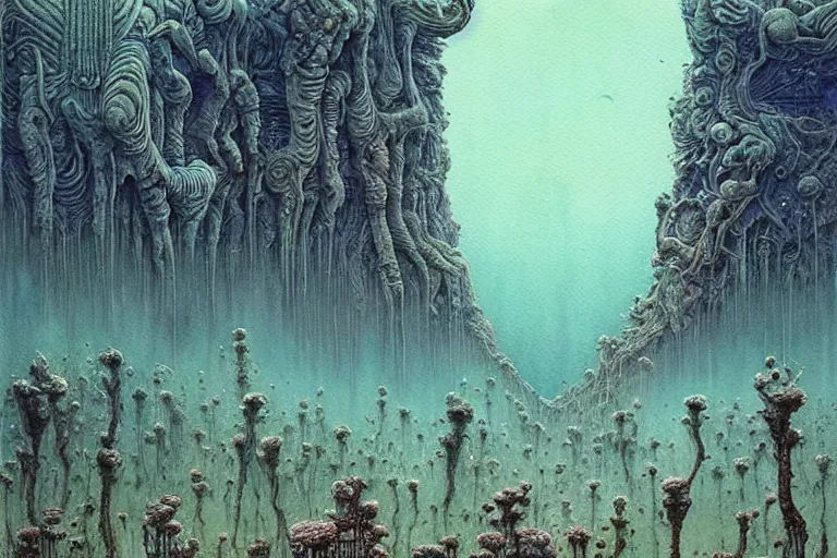 Prompt: a surreal and awe - inspiring science fiction landscape, alien plants and animals, intricate, elegant, highly detailed watercolor painting by beksinski and simon stalenhag