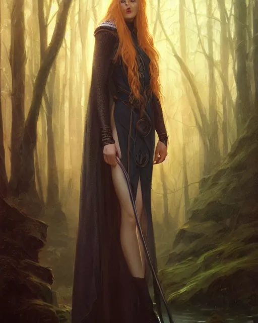 Image similar to portrait of katherine mcnamara elven mage, dark, piercing eyes, gentle expression, elegant clothing, photorealistic, highly detailed, artstation, smooth, sharp focus, art by michael whelan, artgerm, greg rutkowski and alphonse mucha