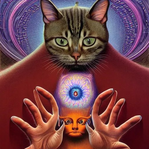 Image similar to a cat having an ego trip, by alex grey, by Esao Andrews and Karol Bak and Zdzislaw Beksinski and Zdzisław Beksiński, trending on ArtStation