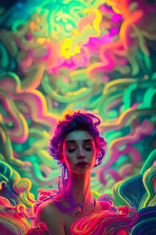 Prompt: a gorgeous woman surrounded by colorful liquid clouds and neon smoke, extremely detailed, psychedelic experience, psilocybin, dmt, lsd, face, highly detailed, artstation, chromostereopsis, digital art by hana yata, and artem demura and beeple, alphonse mucha, octane render, unreal engine, 8 k