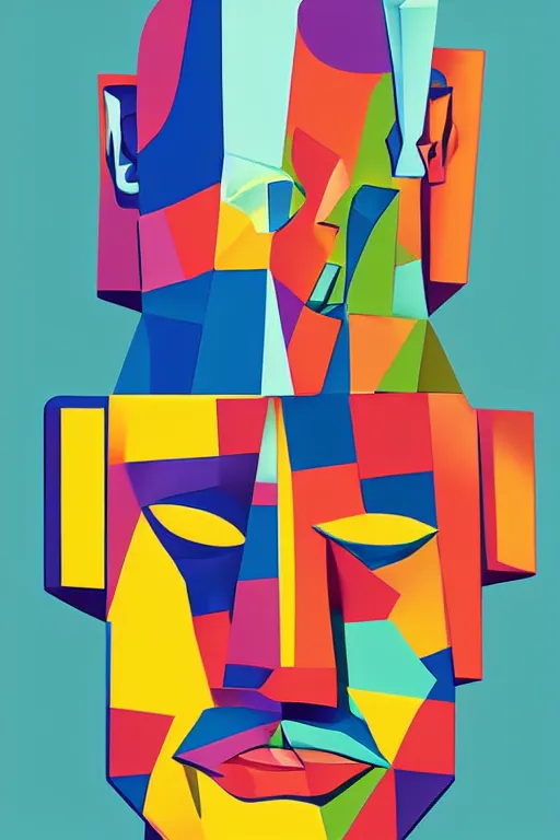 Image similar to cubist moai statue cutout digital illustration cartoon colorful beeple