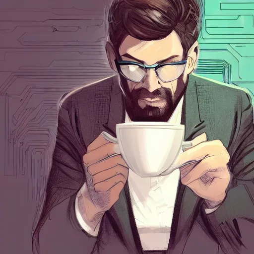 Image similar to handsome startup CEO having a cup of coffee. sci-fi cyberpunk concept art