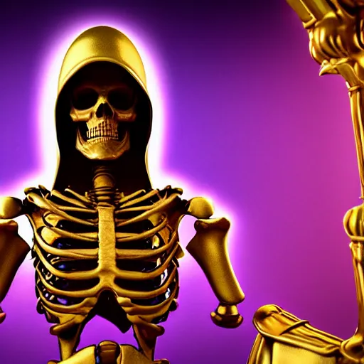 Image similar to a skeleton in a purple robe, golden magical shoulder pads, in a hood, a red magic sphere in his chest, he stands next to a golden throne, realism, game quality, 3d render, proportions